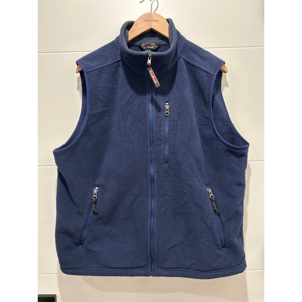 LL Bean Mens Fleece Vest Navy Blue Full Zip Mock Neck Large Regular
